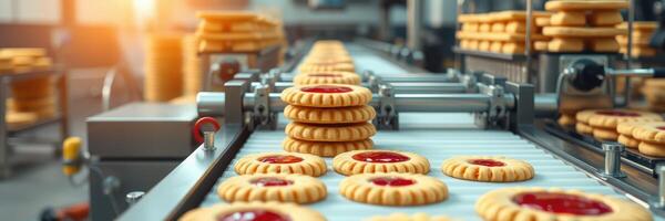 Freshly baked cookies are being processed on a conveyor belt in a modern bakery facility during morning hours photo