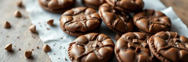 Freshly baked chocolate cookies arranged on a rustic wooden table with chocolate chips and crumbs scattered around photo