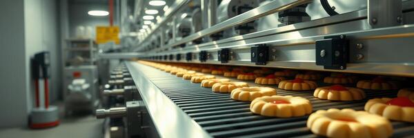 Conveyor belt transporting freshly baked cookies in a modern factory setting during daylight hours photo