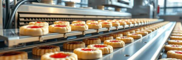 Production line of freshly baked cookies moving through automated machinery at a bakery in the morning photo