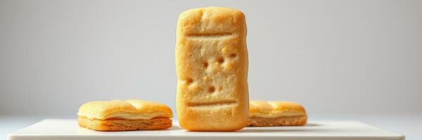Unique dessert display featuring layered cream-filled cookies and a plain biscuit in a minimalist setting photo