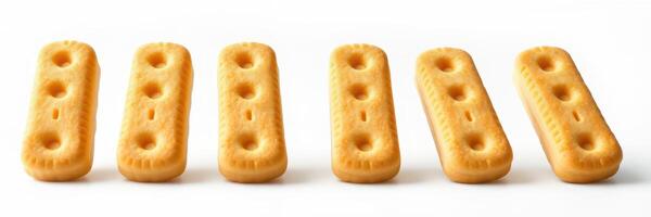 Crunchy rectangular cookies lined up on a white background ready for a snack or dessert photo