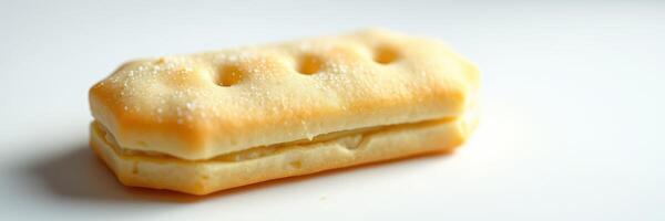 Unique biscuit with creamy filling resting on a plain surface photo