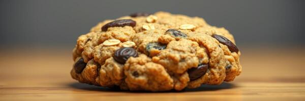 Delicious oatmeal cookie with chocolate chips on a wooden surface ready to enjoy photo