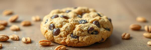 Delicious chocolate chip cookie with oats on wooden surface surrounded by scattered nuts photo