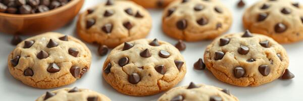 Warm chocolate chip cookies baked fresh with a golden brown color and scattered chocolate chips photo