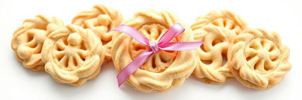 Decorative cookies shaped like flowers with a pink ribbon in a bright setting photo