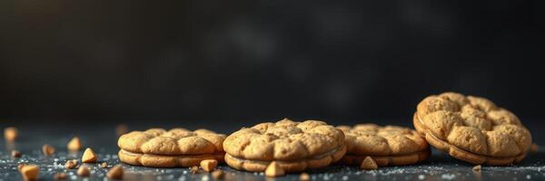 Cookies arranged on a dark countertop with chocolate chips scattered around in a cozy kitchen setting photo