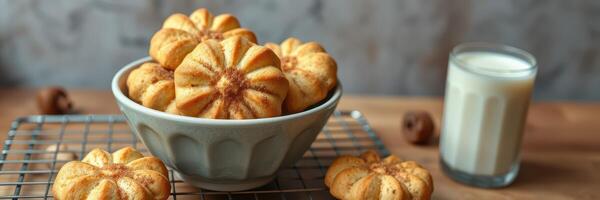 Freshly baked pumpkin-shaped cookies beside a glass of milk on a rustic wooden table with a textured background photo