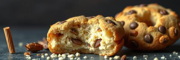 Freshly baked cookie with chocolate chips and nuts on a dark background photo