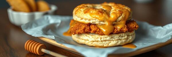 Delicious chicken sandwich with honey drizzle served on a wooden platter in a cozy setting photo