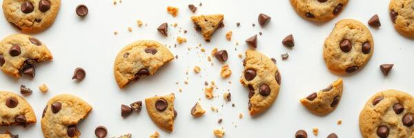 Freshly baked chocolate chip cookies scattered on a white surface, showcasing various broken pieces and chocolate chips photo