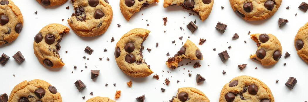 Delicious chocolate chip cookies spread across a white surface with some broken and chocolate chunks scattered photo