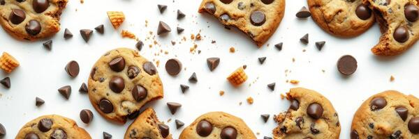 Delicious assortment of freshly baked chocolate chip cookies with toppings arranged on a clean surface photo