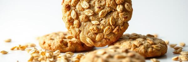 Oatmeal cookies with golden oats placed on a clean surface ready for serving photo