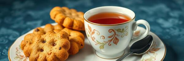 Beautiful tea cup alongside freshly baked cookies on an elegant plate with intricate design photo