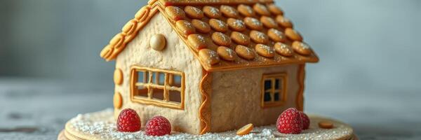 Gingerbread house decorated with raspberries and cookies on a wooden platter in a cozy setting photo