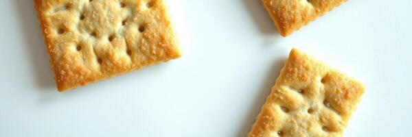 Variety of golden-brown crackers arranged on a light background with a focus on their texture and shapes photo