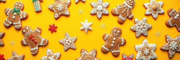 Gingerbread cookies decorated in festive patterns on a bright yellow surface during the holiday season photo