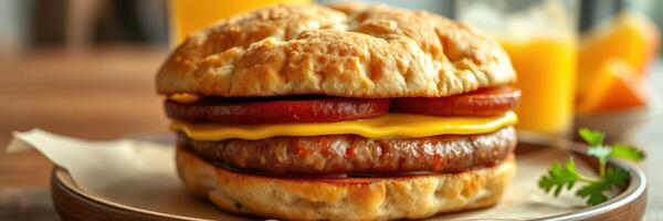 Delicious breakfast sandwich with sausage, cheese, and tomatoes served on a rustic wooden table with fresh juice photo