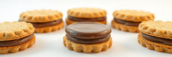 Delicious cookies with chocolate filling arranged on a white surface surrounded by similar cookies photo