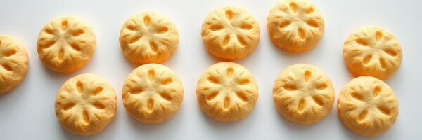 Freshly baked cookies shaped like flowers on a white surface cooling after baking in the afternoon sunlight photo