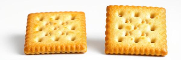 Two golden crackers arranged on a white surface with a plain background showcasing their texture and design photo