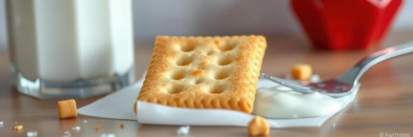 Tasty snack featuring a cracker with creamy dip and milk in a cozy kitchen setting photo