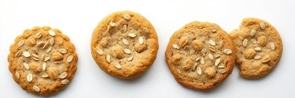 Delicious oatmeal cookies arranged on a white surface with a bite taken out of one photo