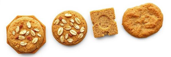 Variety of freshly baked cookies arranged neatly on a white background highlighting textures and shapes photo