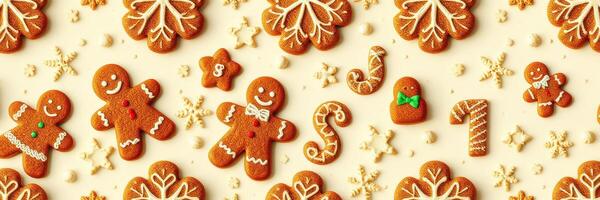 Festive gingerbread cookies arranged on a light background with decorative icing and sprinkles for a holiday celebration photo