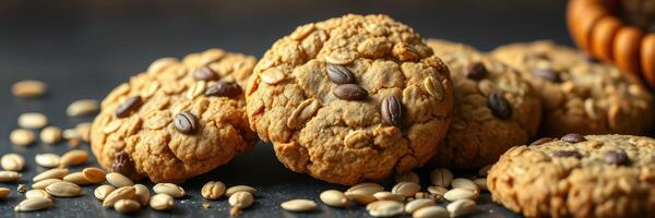 Homemade oatmeal cookies with seeds arranged on a dark surface beside scattered oats photo