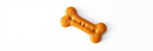 Dog treat shaped like a bone on a white background ready for pet enjoyment and training purposes photo