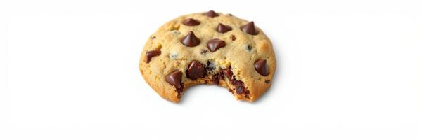 Chocolate chip cookie with a bite taken out, resting on a white background, inviting sweet indulgence photo