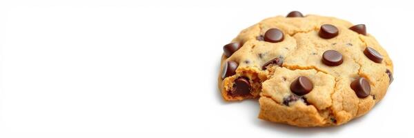 Delicious chocolate chip cookie with a bite taken from it on a white background full of sweetness and warmth photo