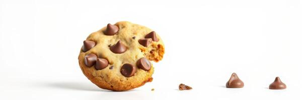 Delicious chocolate chip cookie with a bite taken, featuring chocolate chips on a clean surface photo