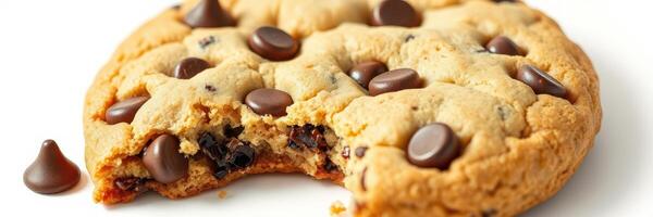 Delicious chocolate chip cookie with a bite taken out, placed on a white surface under soft lighting photo