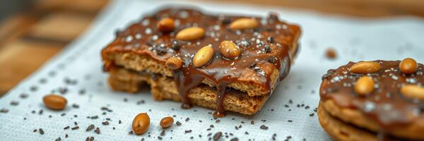 Delicious caramel dessert bars with nuts topped with chocolate and sea salt in a cozy kitchen setting photo