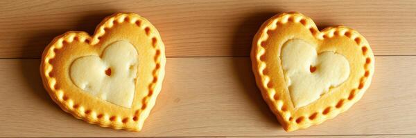 Heart-shaped baked goods with a unique design on a wooden surface photo
