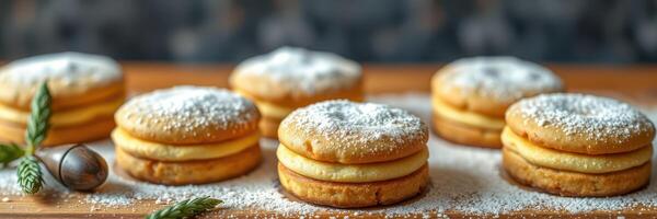 Homemade cookies filled with cream, dusted with powdered sugar on a wooden board photo