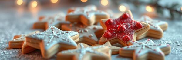 Colorful star-shaped cookies decorated for the holiday season, placed on a wooden table with twinkling lights in the background photo