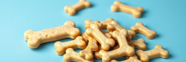 Golden dog biscuits scattered on a light blue background showcase a playful pet treat arrangement photo