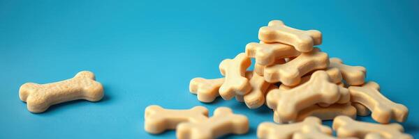Dog treats in the shape of bones stacked on a vibrant blue background for pet snack ideas and nutrition photo