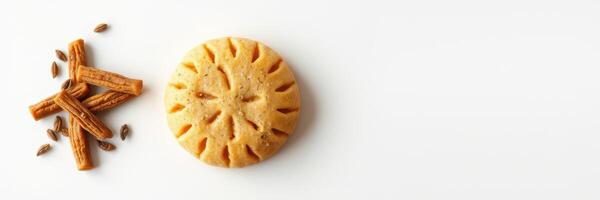 Traditional Indian sweets featuring a round cookie and crispy snacks on a plain white background photo
