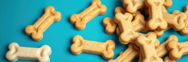 Dog treats in various shapes and sizes scattered on a vibrant blue surface photo