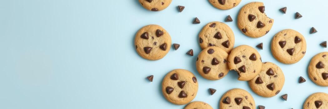 recién horneado chocolate chip galletas dispersado en un ligero azul superficie creando un encantador postre monitor foto