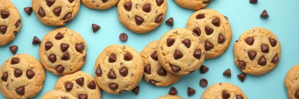 Freshly baked chocolate chip cookies arranged on a light blue background with scattered chocolate chips photo