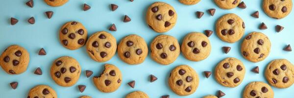 Delicious chocolate chip cookies arranged on a light blue background for a sweet treat experience photo