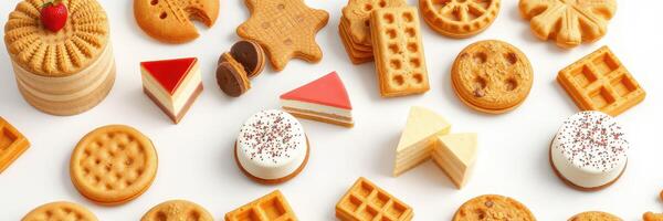 Variety of assorted cookies and pastries displayed on a white surface with different shapes and flavors photo