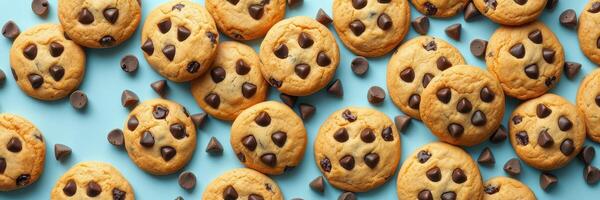 Freshly baked chocolate chip cookies arranged beautifully on a blue background ready to be enjoyed photo
